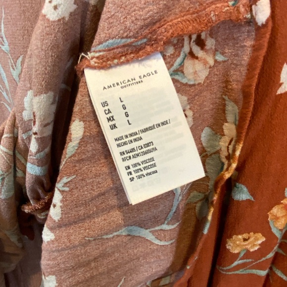 American Eagle Floral Boho Tie Front Babydoll Top Burnt Orange Keyhole - Size L - Picture 4 of 4